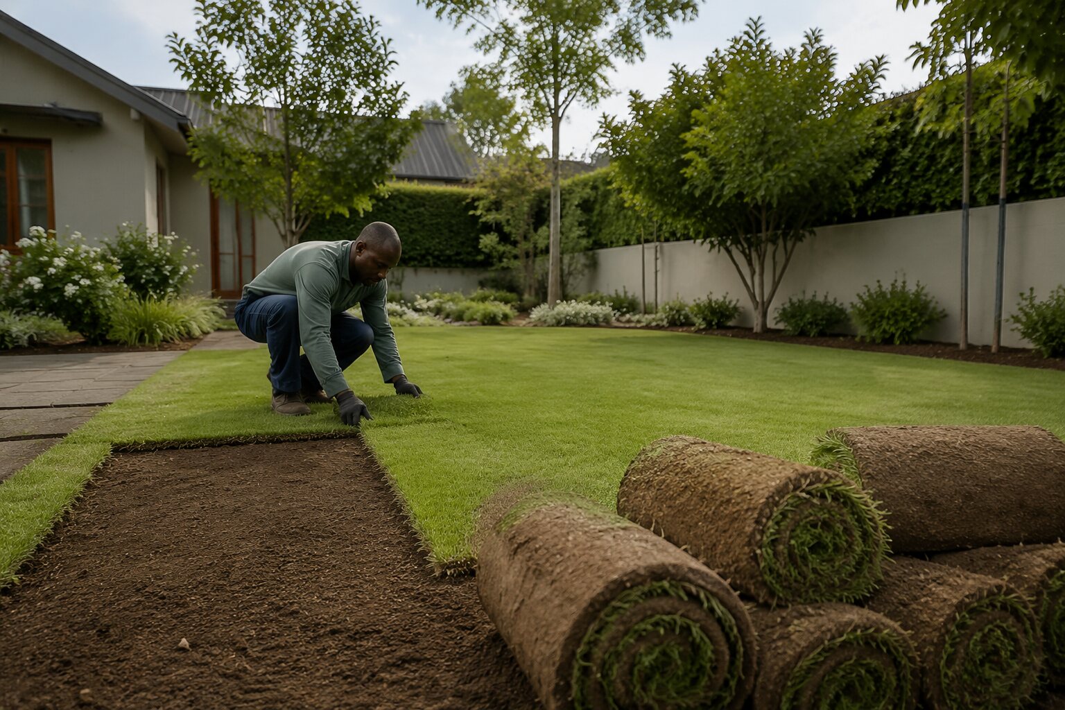 Fresh instant lawn being installed at a residential property